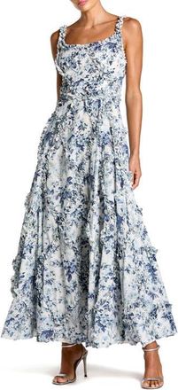 Mac Duggal Ruffle Scoop Neck Floral A-Line Dress in Blue Multi at Nordstrom, Size 0