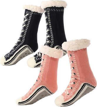 Generic Ultra-Thick Slipper Home Socks, Knitted Cashmere Slipper Socks with Grippers for Women Men, Winter Warm Non Slip Cozy Fuzzy Slippers (Pink+Black)