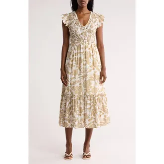 August Sky Floral Cap Sleeve Dress in Light Khaki Multi at Nordstrom Rack, Size Medium