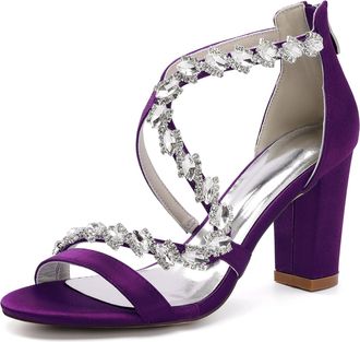 Generic Womens Open Toe Block Heel Sandals Bridal Crystal Wedding Dress Shoes Ankle Strap Prom Party Wedding Pump Sandals 8.5Cm,Dark Purple,4 UK