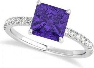 Allurez Princess Tanzanite & Diamond Single Row Hidden Halo Engagement Ring 14k White Gold (0.81ct)
