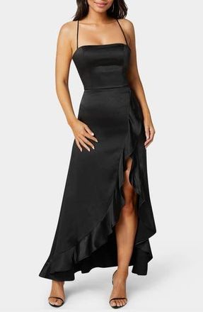 Bebe Lace-Up Back Ruffle Satin Maxi Dress in Black at Nordstrom Rack, Size X-Small