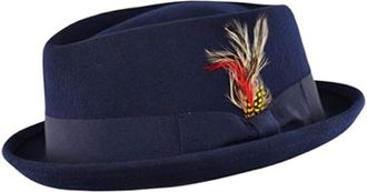 Maz Accessoires Unisex Superb Foldable Pork Pie Trilby Hat with Removable Feather and Matching Band 100% Wool Hand Made Diamond Crown (Medium 56-57) Navy