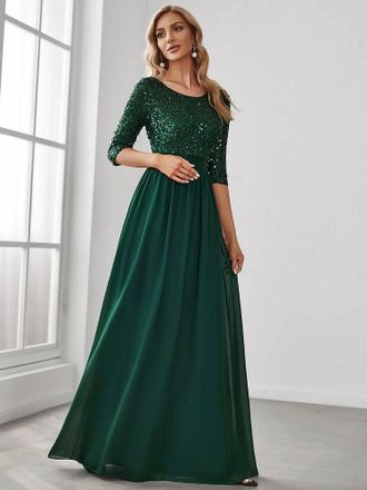 Ever-pretty Elegant Round Neckline Sequins Dress In Dark Green