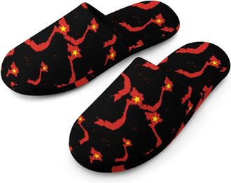 Generic Vietnam Flag Map Flannel Mens Slip-on Slippers Winter Warm House Shoes with Rubber Sole for Home Hotel