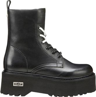 Cult Zwarte Leren Enkellaarzen - Dames - Veterlaarzen - Zwart - 40 EU - Leer - Schoenen