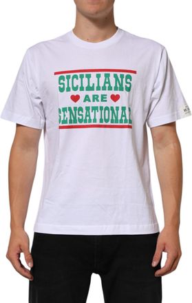 Dolce & Gabbana White Graphic Print Cotton Crew Neck Mens T-shirt