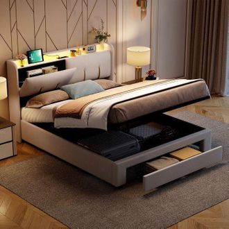 OEM Cama Lit 140x200 Cm - 240401hxf - Led Integrada - Puertos Usb Y Enchufes - Almacenamiento Hidr&aacute;ulico, Terciopelo Beige