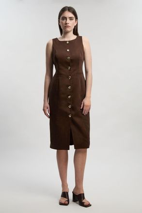 Karen Millen Womens Petite Tailored Linen Statement Button Front Pencil Midi Dress - Chocolate Lyocell - Size 14 UK