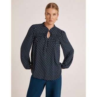 Finery Kiya Polka Dot Tie Neck Blouse in Navy Spot at Nordstrom, Size 14