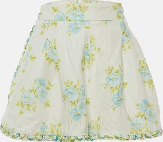 Zimmermann White Floral Print Linen Whitewave Pleated Shorts