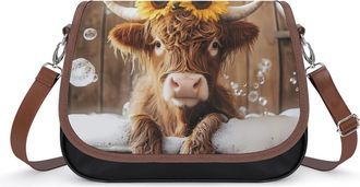 Generic Cute Highland Cow Bath Crossbody Bag Womens Handbag PU Message Bags Shoulder Purse with Adjustable Strap