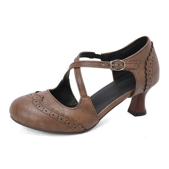 Generic Womens Cross Strap Casual Shoes with Buckle Mid Kitten Heel Retro Dress Shoes Round Toe PU Leather Brogue Shoe,Brown,10.5 UK