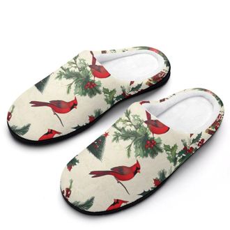 Generic Cardinal Birds Christmas Holly Mens Slippers Slip On Comfortable Fleece Cotton House Shoes Winter