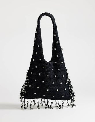 Topshop Molly borsa media intrecciata con perline nera-Nero