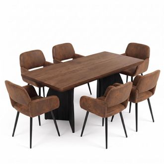 Urban Meuble Conjunto mesa rectangular 160 cm y 6 sillas marr&oacute;n efecto cuero