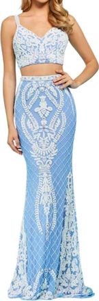 Sherri Hill Two-Piece Lace Back Fitted Prom Dress In Periwinkle/ivory