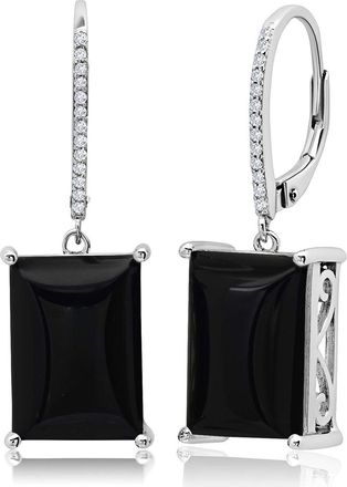 MAX + STONE Sterling Silver Emerald Cut Quartz Dangle White Topaz Detail Leverback Earrings