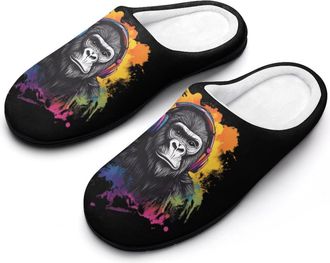 Generic Colorful Gorillas Monkey Mens Slippers Slip On Comfortable Fleece Cotton House Shoes Winter