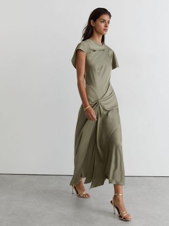 Reiss Khaki Green Satin Drape-detail Midi Dress, 18