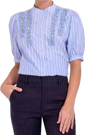 Essentiel Rhinestone Frill Shirt In Pale Kings Blue