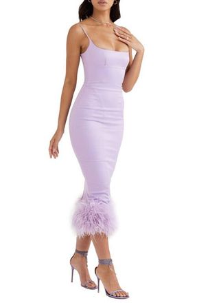 House of CB Helena Feather Trim Satin Midi Dress in Orchid at Nordstrom, Size X-Small
