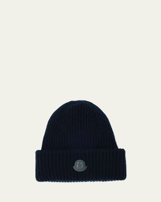 Moncler Mens Cashmere Rib Leather-Logo Beanie Hat