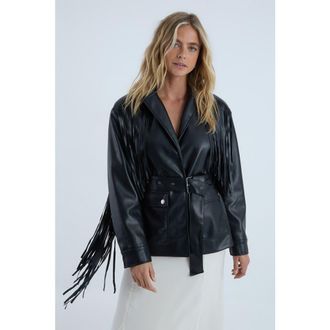 NASTY GAL Fringe Faux Leather Belted Jacket in Black at Nordstrom, Size 10
