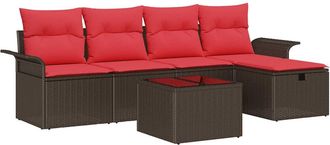 vidaXL Conjunto De Sof&aacute; De Jard&iacute;n 6 Uds. Marr&oacute;n Y Rojo Rat&aacute;n Sint&eacute;tico Vidaxl