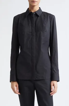 Nellie Partow Natalia Pintuck Cotton Poplin Button-Up Shirt in Black at Nordstrom, Size 12