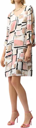 Joseph Ribkoff Recycled Satin Abstract Print Trapeze Dress With Trim In Pink