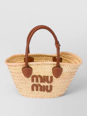 Miu Miu straw tote bag leather trim woven