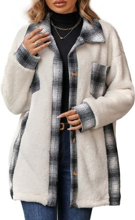 Feoya Fuzzy Fleece Jackets for Women Plaid Shacket Jackets Oversize Coat Winter Fall Cardigan Outerwear L