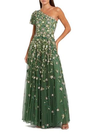 Mac Duggal Floral Embellished Mesh One Shoulder Gown in Sage at Nordstrom, Size 14