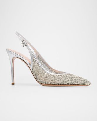 Gianvito Rossi 95mm Itaca Metallic Leather and Mesh Slingback Pumps