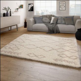 Paco Home Paco Home Alfombra Sal&oacute;n Pelo Largo Shaggy Pelo Largo Escandinava Rombos Moderna 200 Cm Cuadrado, Crema