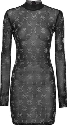 Philipp Plein Kleedjes, Dames, Zwart, XL, Polyester, Tulle Midi Jurk Strass Monogram