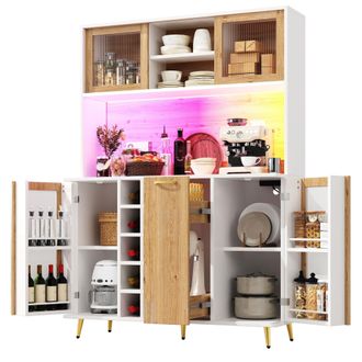 STILVORA Aparador De Cocina Con 5 Puertas, 1 Caj&oacute;n, Botellero, Estante Para Snacks, Led Y Enchufe, Mdf, Blanco Madera