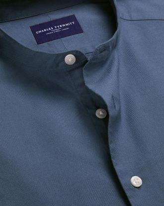 CHARLES TYRWHITT Collarless Stretch Washed Oxford Cotton Shirt - Airforce Blue Single Cuff Size Large by Charles Tyrwhitt