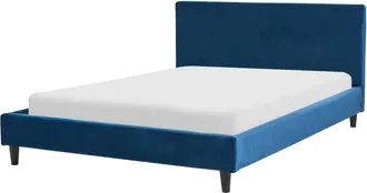 Beliani Cama Tapizada En Terciopelo Azul Marino 140 X 200 Cm Marco De Listones Cabecero Estilo Moderno Fitou