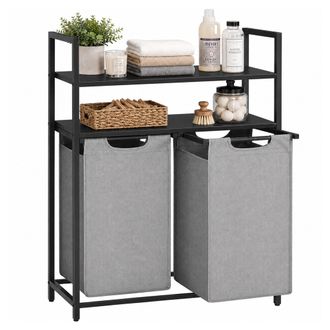 Relaxdays Relaxdays Cesto Portabiancheria Con Ripiani, 2 Sacchi Estraibili, 2x46 L, Tessuto, Hlp: 93 X 73 X 33 Cm, Nero/grigio