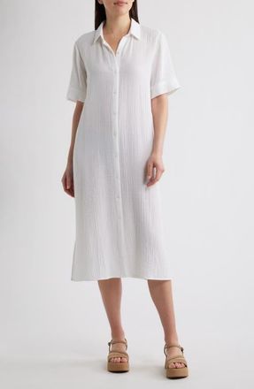 Eileen Fisher Classic Collar Organic Cotton Midi Shirtdress in White at Nordstrom, Size Xx-Small