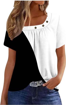 Generic Womens Summer Casual Floral T Shirts Loose Short Sleeve Tunic Top Square Neck Pleated T-Shirt Blouse for Leggings Classic Tops Ladies Tops Summer Goin