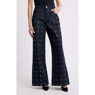 Mango Leo Crystal Embellished Wide Leg Jeans in Open Blue at Nordstrom Rack, Size 2