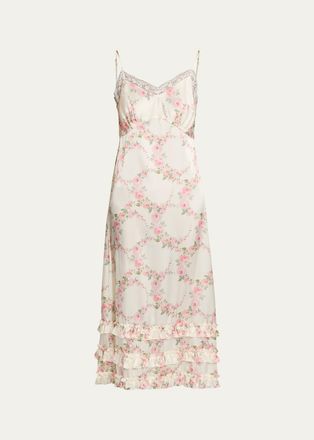 Simone Rocha Floral Satin Tiered Ruffle Midi Slip Dress