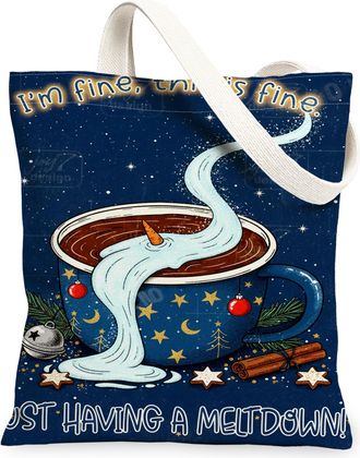 Generic Holiday Coffee Cup Canvas Tote Bags, Winter Drink Pattern Reusable Grocery Bags, Cozy Lightweight Washable Canvas for Trave, Blue, 13x15 Inch