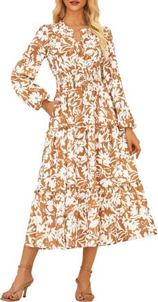 Grace Karin Women Elegant Long Sleeve Dress A Linie V Neck Casual Floral Dress with Pockets Orange Beige Flower XXL