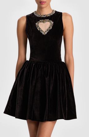Alice & Olivia Ella Crystal Embellished Illusion Heart Cutout Velvet Minidress in Black at Nordstrom, Size 12