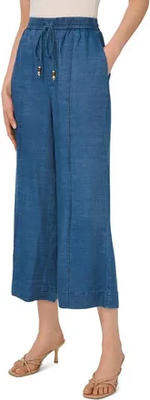 CeCe by Cynthia Steffe Pintuck Chambray Wide Leg Crop Pants in Medium Indigo at Nordstrom, Size Xx-Small