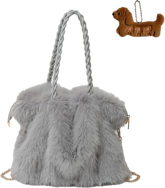 Generic Plush Tote Bag Women Plush Handbag Winter Crossbody Shoulder Bags Fluffy Faux Fur Handbag Casual Tote Messenger Bag for Women Shopping Travel (Grey)